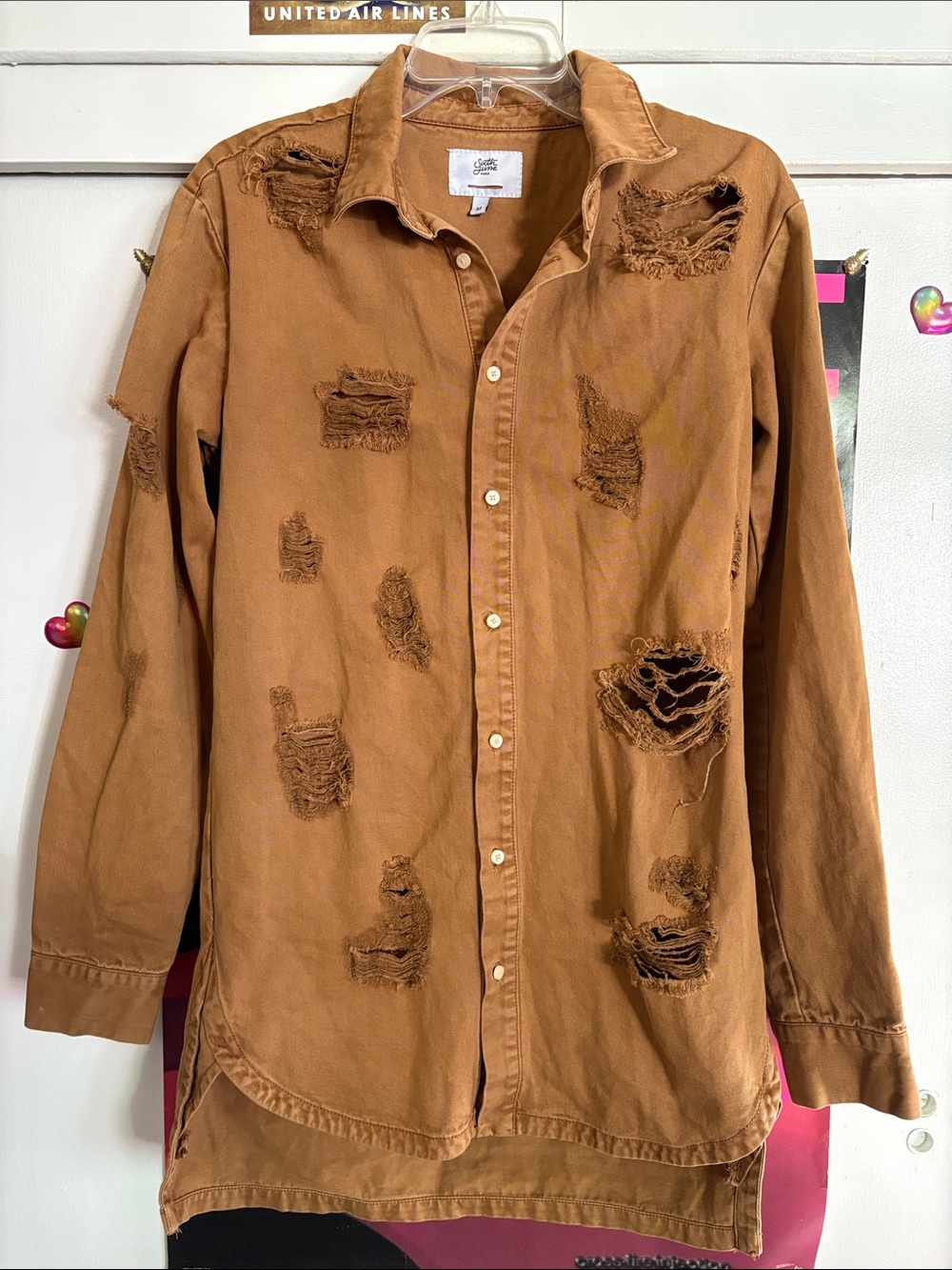 Sixth June Dark Khaki Distressed Denim Long-Sleeve Button Down Shirt